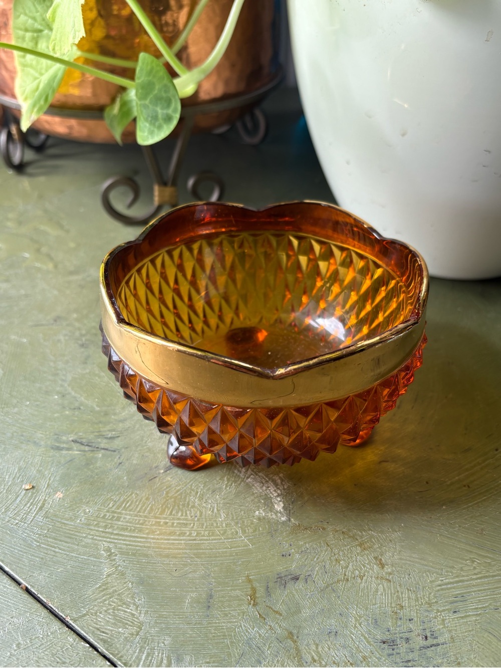Amber Glass Candy Dish with Gold Rim